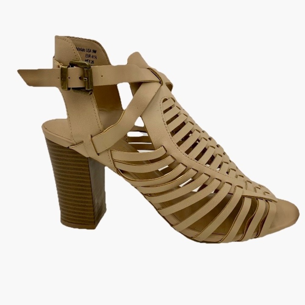 American Eagle Beige Tan Cage Strappy Block Heel‎ Sandals Women 9W Boho Peep Toe